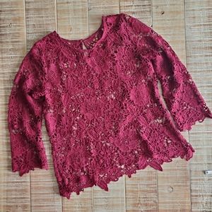 Wine red lace crochet blouse medium